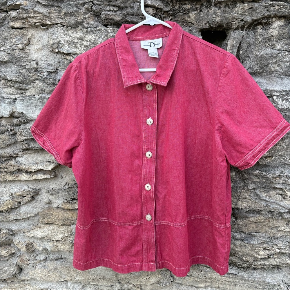 Vintage TY Wear Red Button-Up Shirt 100 % Cotton Red Denim Unisex